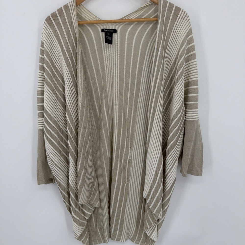 LaFayette 148 Open Front Cardigan Sz XL Linen Blend Striped Tan Beachy Boho